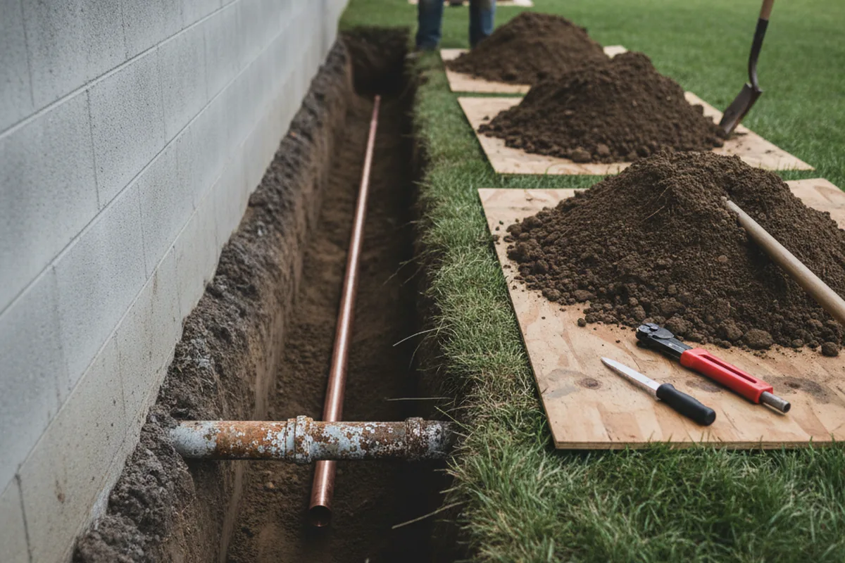 Excavated water line trench during Water Heater Repair in Woburn